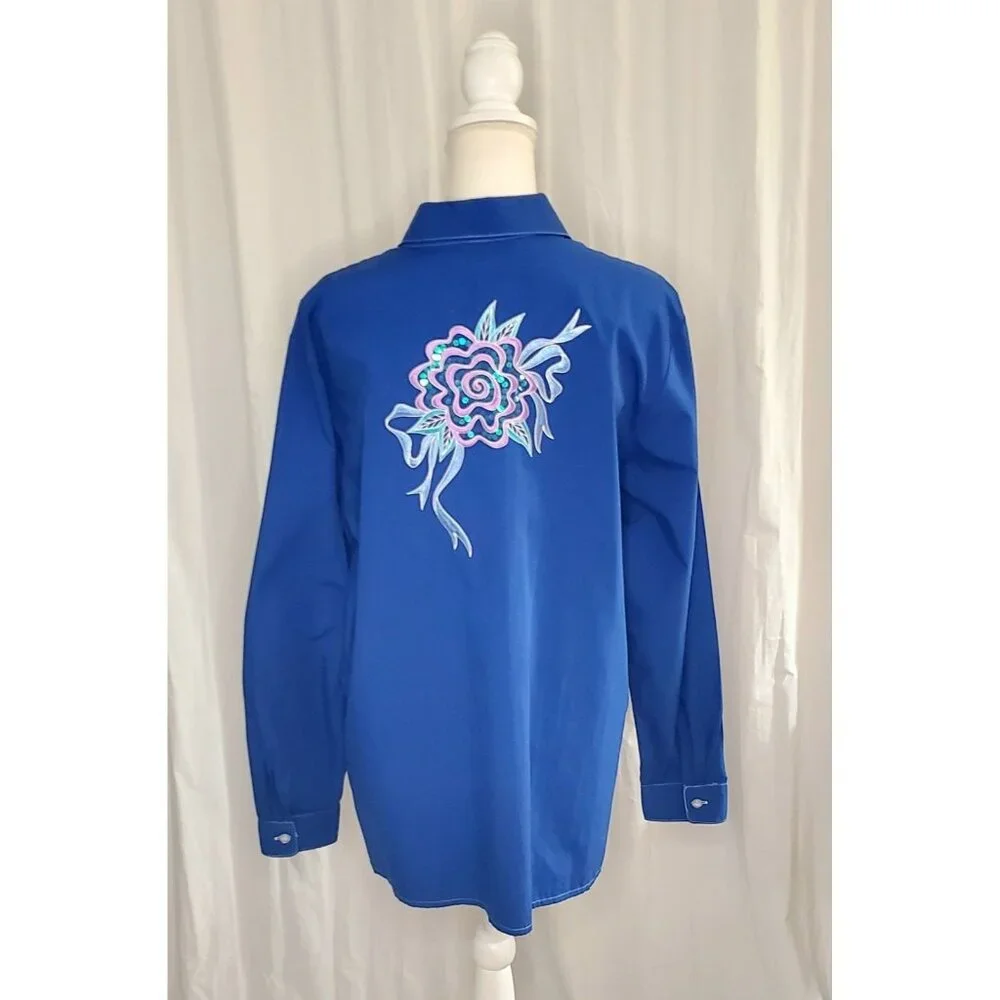 Vintage Bob Mackie Wearable Art Western Button Up Shirt Blue XL Embroidered Bows - Picture 7 of 15